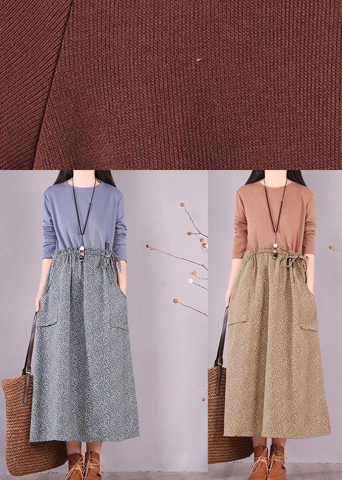 Handmade Khaki Patchwork Print Tunics for O Neck Spring Dress