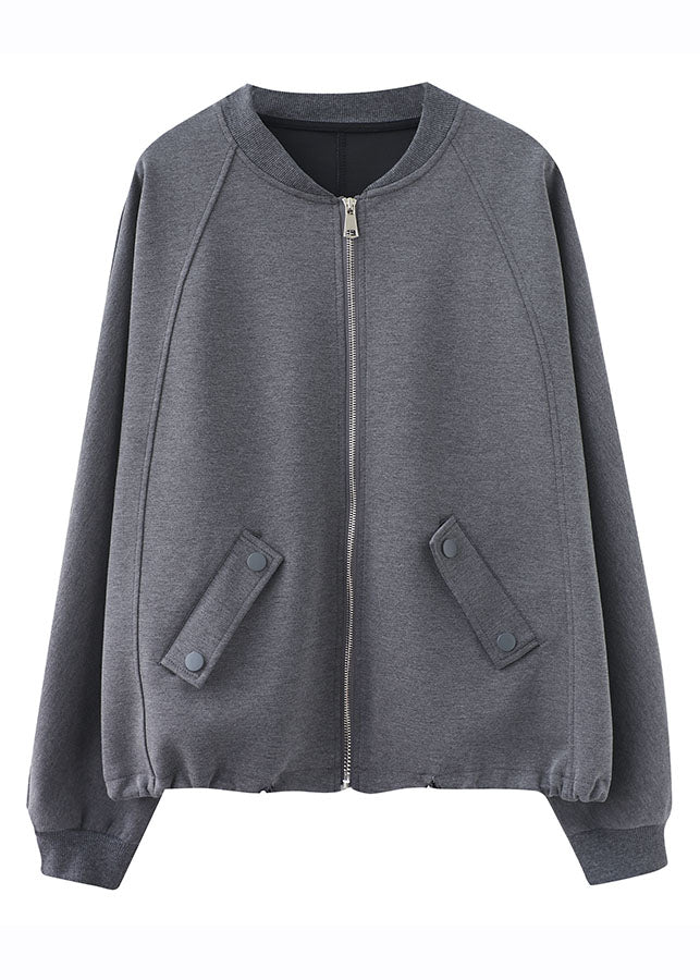 Vogue Grey O-neck Patchwork Drawstring Coat Long Sleeve