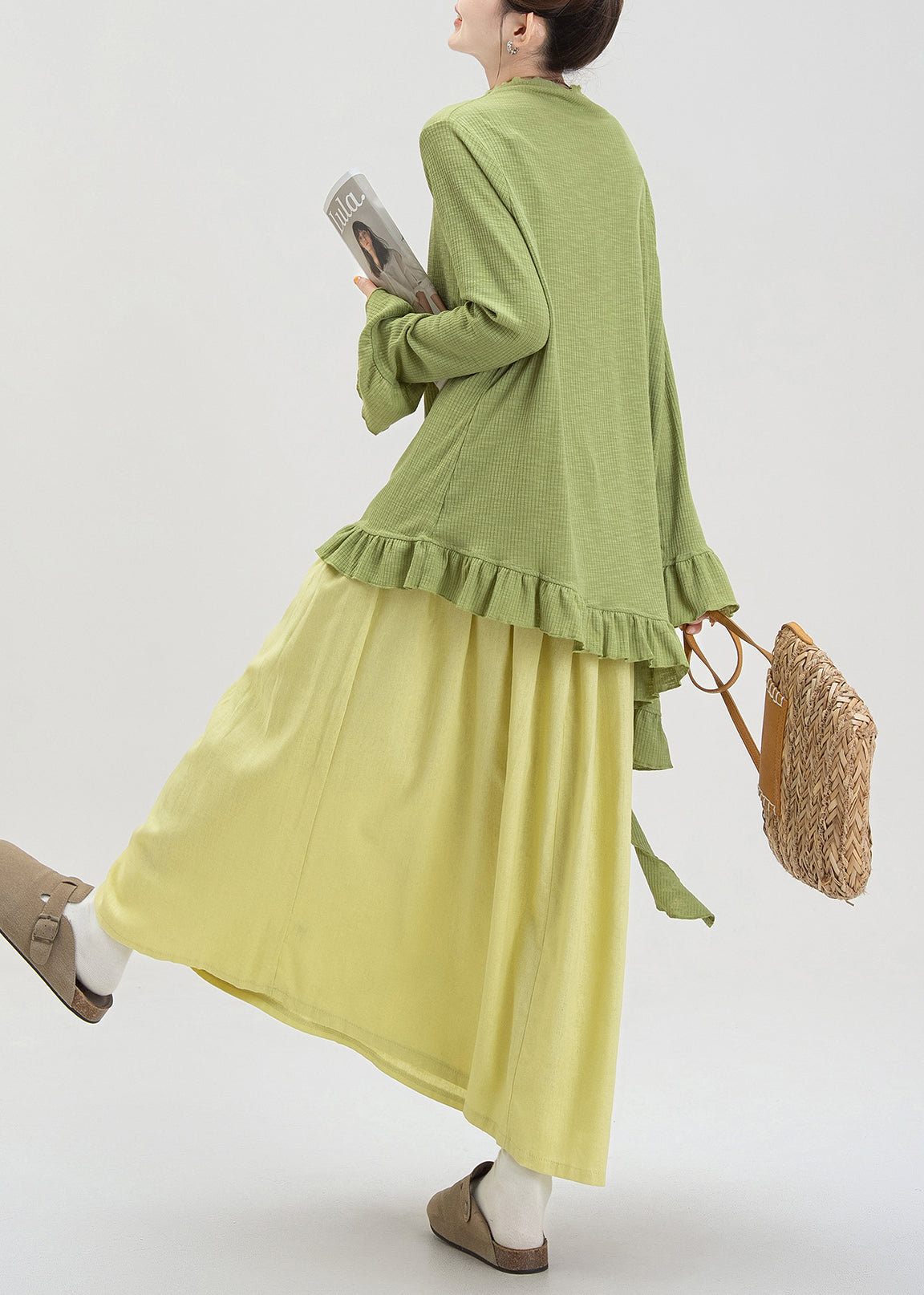 Green Ruffled Asymmetrical Cotton Two Piece Set Fall