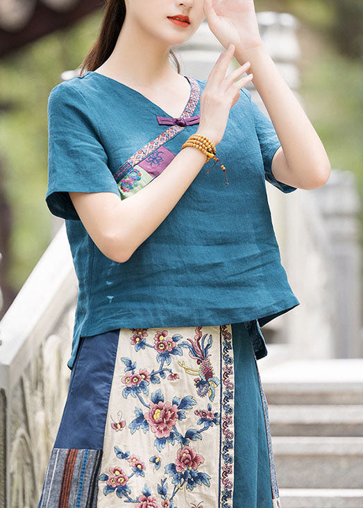 Peacock Blue Button V Neck Embroideried Linen Shirt Top Spring