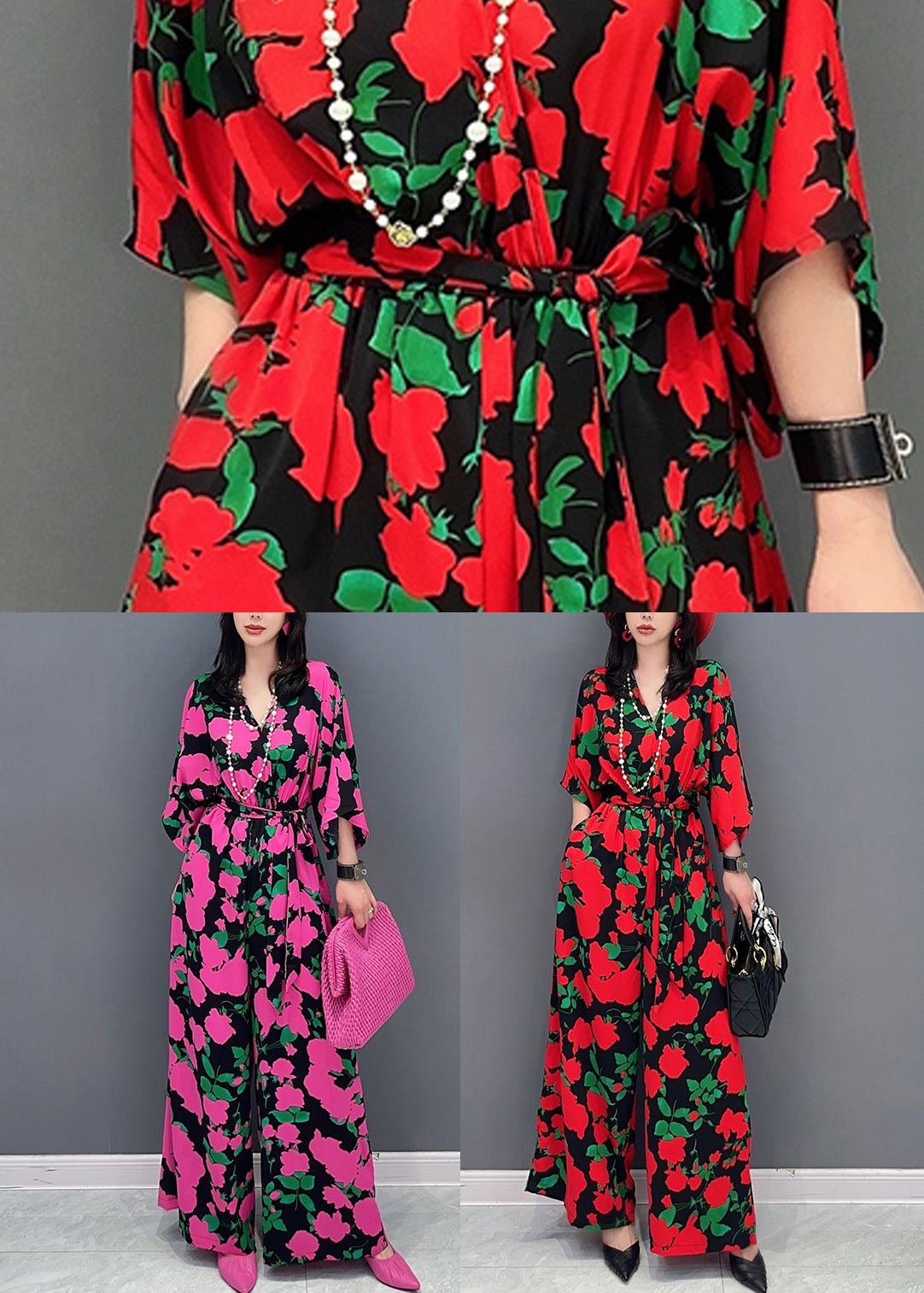 Rose V Neck Print Chiffon Overalls Jumpsuit Summer