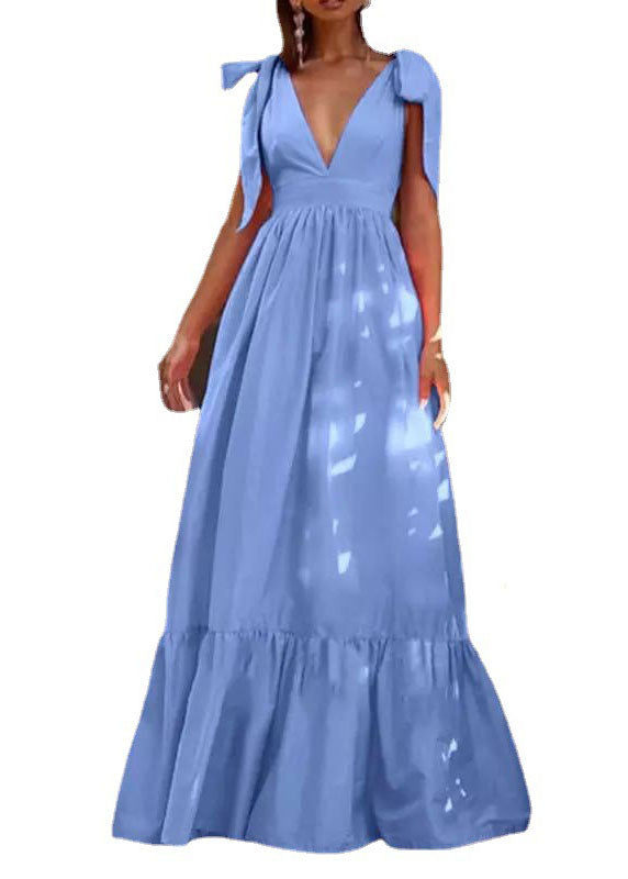 Sky Blue Wrinkled V Neck Patchwork Ruffles Maxi Dress Vestidos Sleeveless
