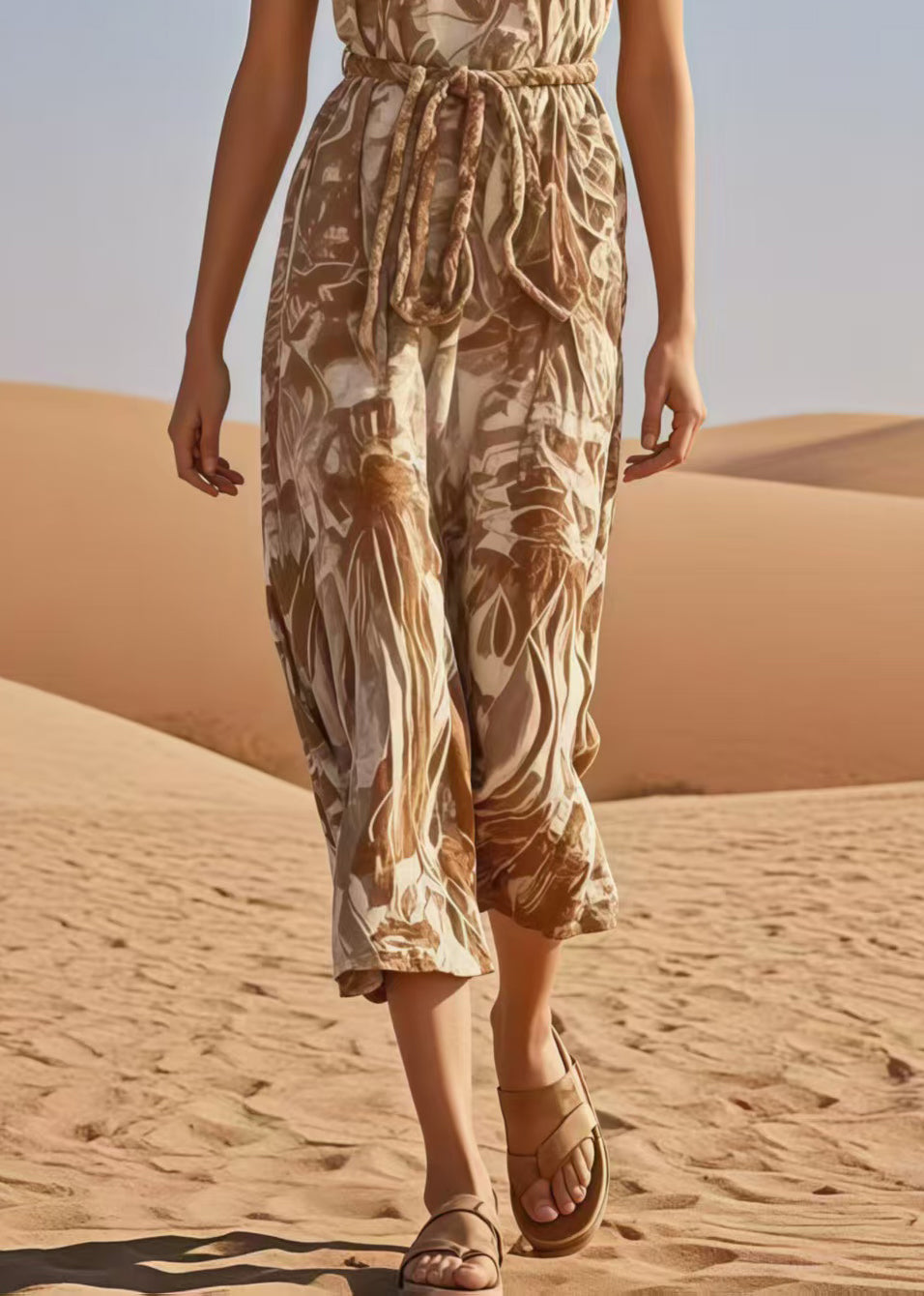 Khaki Cinched Print Cotton Jumpsuits Summer
