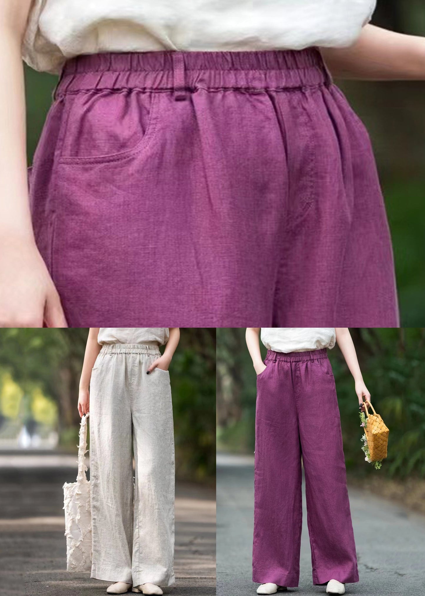 Linen Pockets Linen Summer Wide Leg Pants Elastic Waist