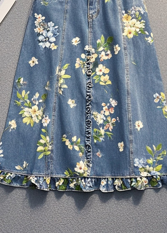 Blue Ruffled Print Denim Skirt Spring