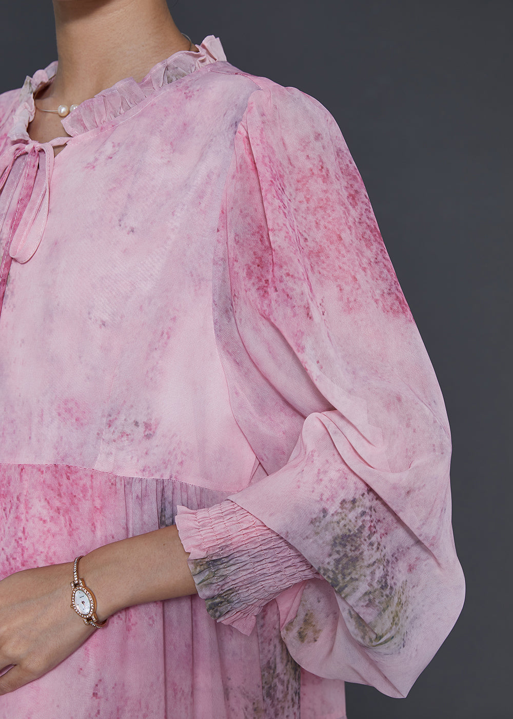 Pink Ruffled Tie Dye Chiffon Maxi Dress Fall