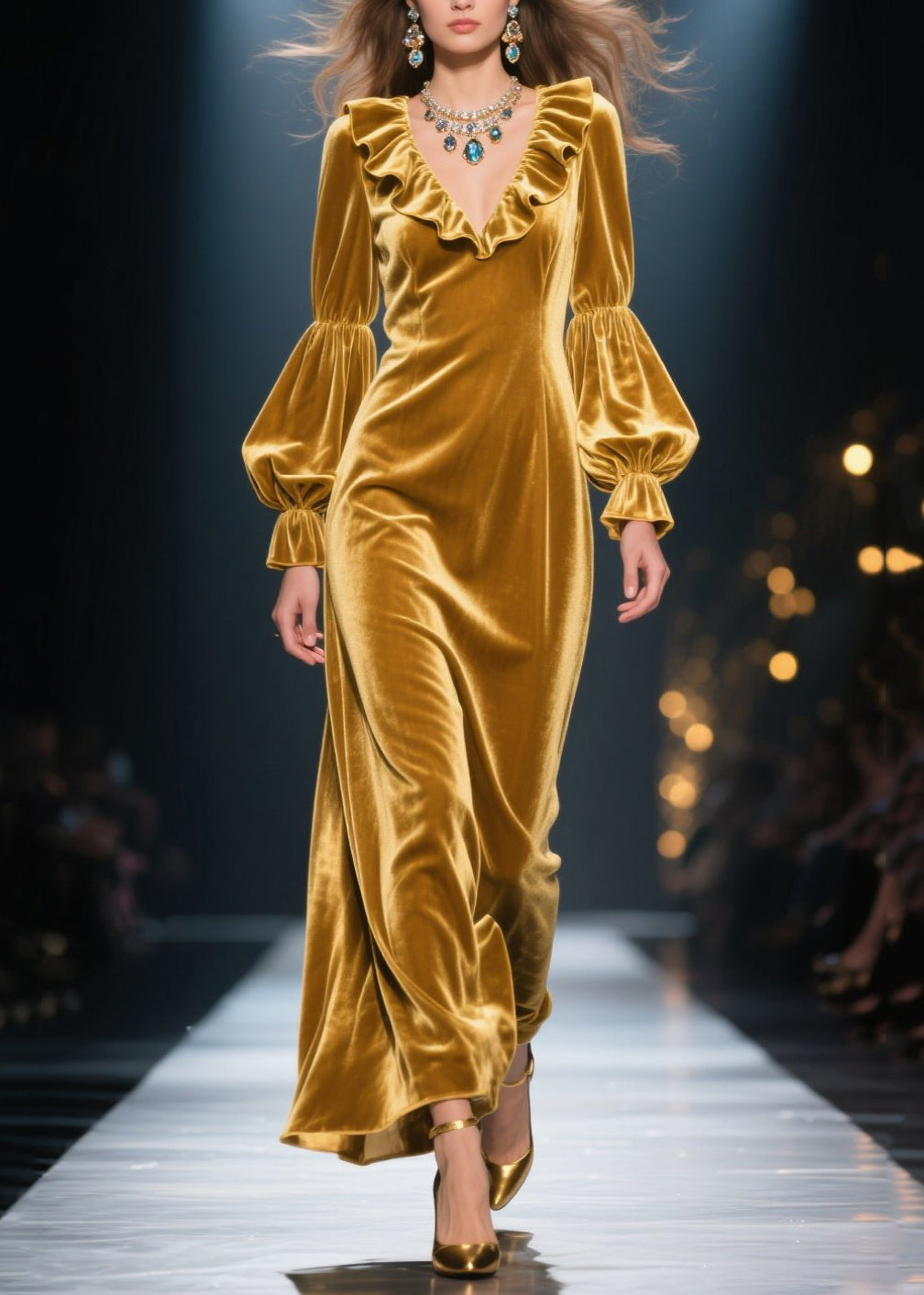 New Yellow Ruffled Patchwork Velvet Maxi Dresses Fall