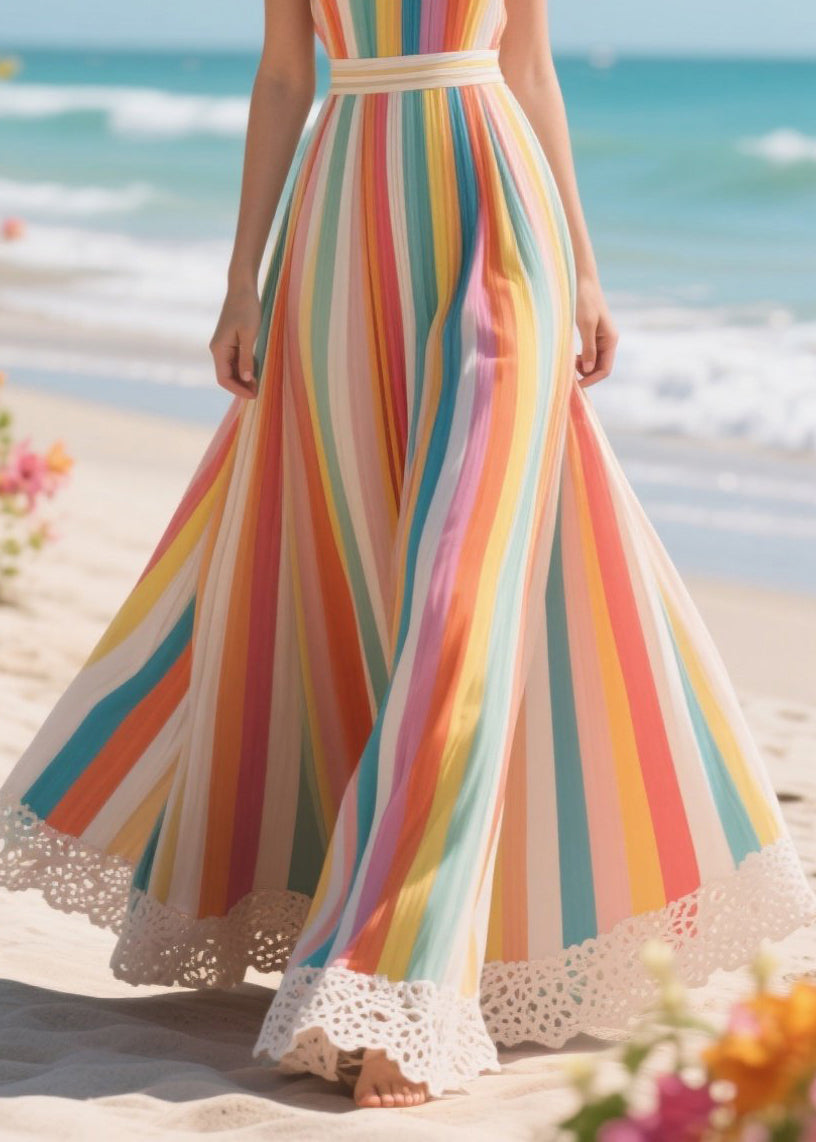 Rainbow Striped Patchwork Lace Chiffon Cami Dresses Summer