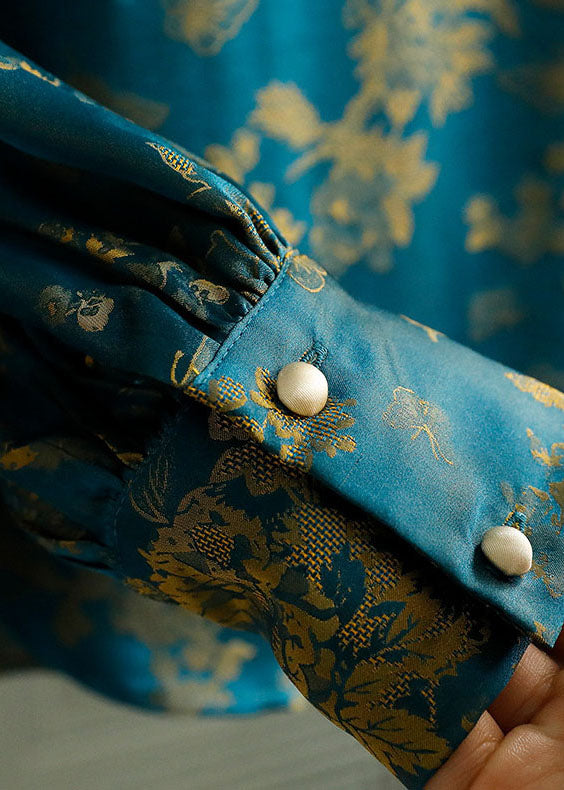 Fine Green Stand Collar Button Print Patchwork Silk Tops Spring