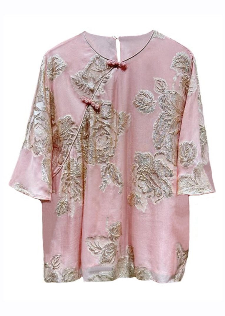 Pink O-neck Embroideried Button Silk Shirts Bracelet Sleeve