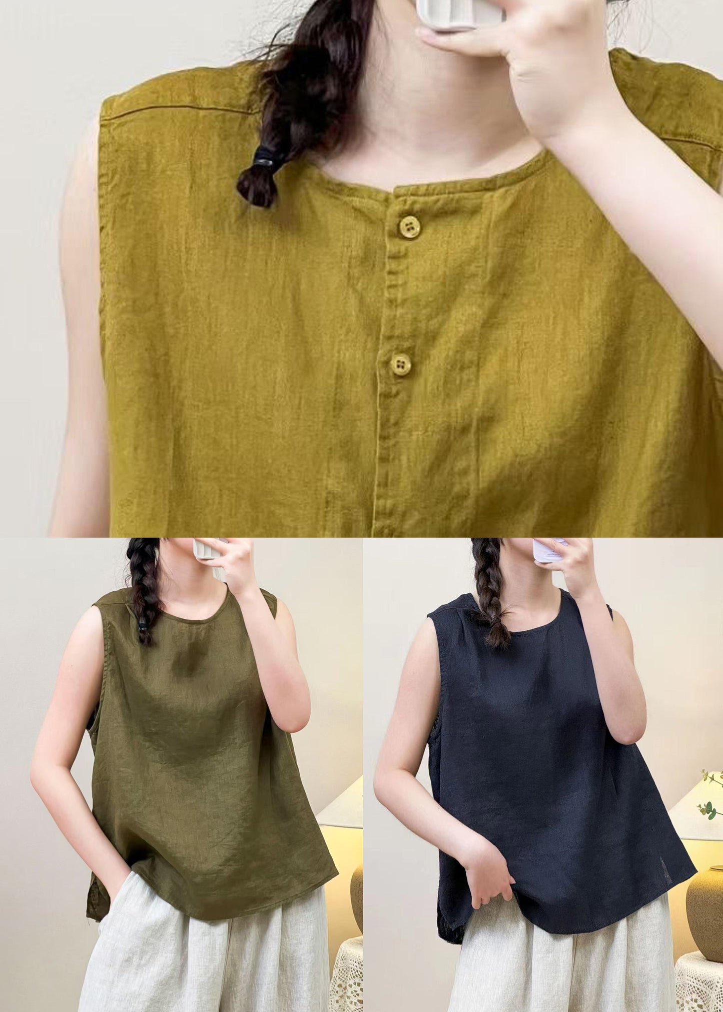 Yellow Wear on Both Sides Linen Blouses Summer