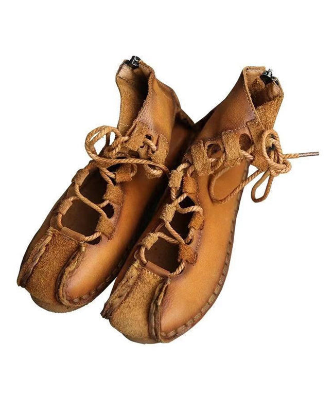 Lace Up Splicing Flat Shoes Khaki Cowhide Leather