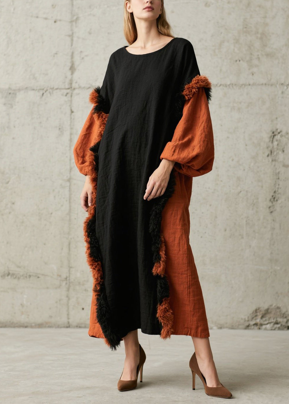 Colorblock Fuzzy Fur Fluffy Patchwork Cotton Maxi Dress Fall