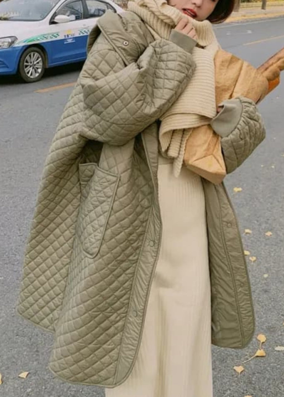 Green Hooded Pockets Fine Cotton Filled Coat Spring