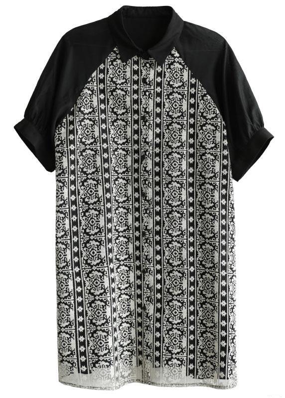 Black Peter Pan Collar Button Patchwork Summer Cotton Dresses Half Sleeve
