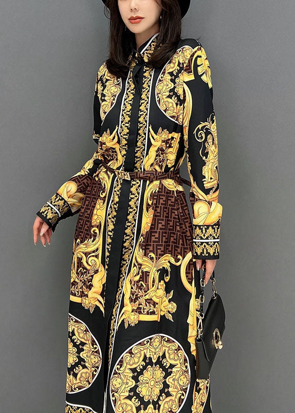 Yellow Print Peter Pan Collar Cotton Shirt Dresses Fall