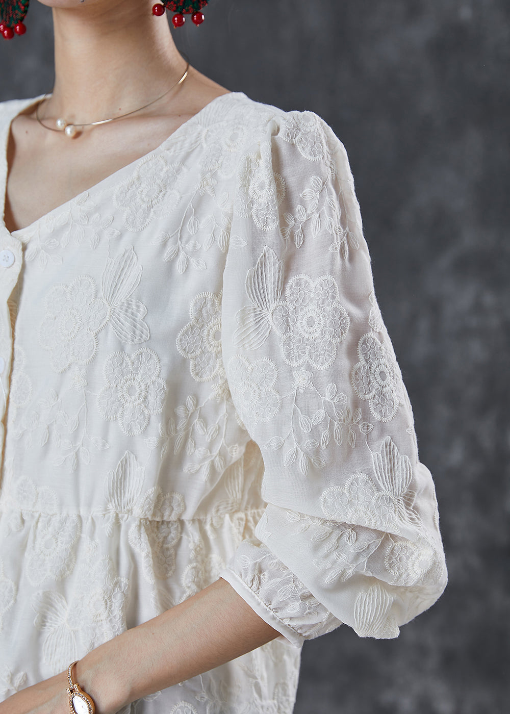 Milk White V Neck Embroidered Cotton Shirt Summer
