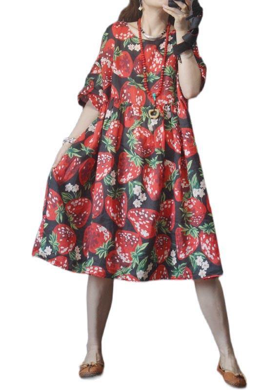 Black Print Strawberry High Waist Long Dresses Summer Linen