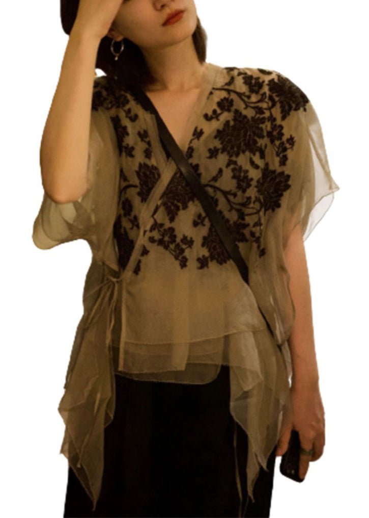 Apricot V Neck Embroideried Lace Up Patchwork Organza Tops Summer