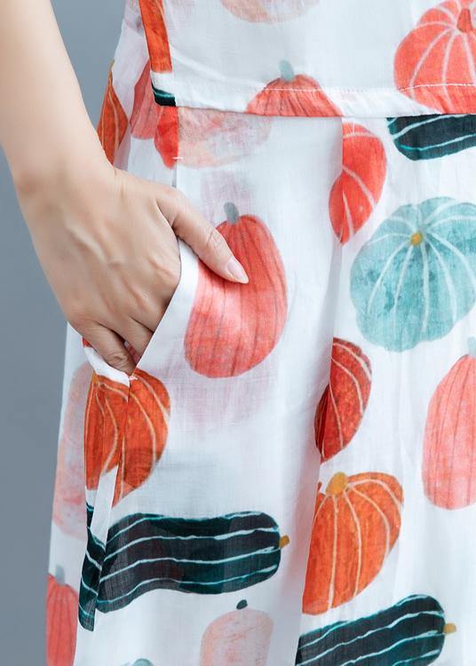 100% Pumpkin Print Robes O Neck Maxi Summer Dress