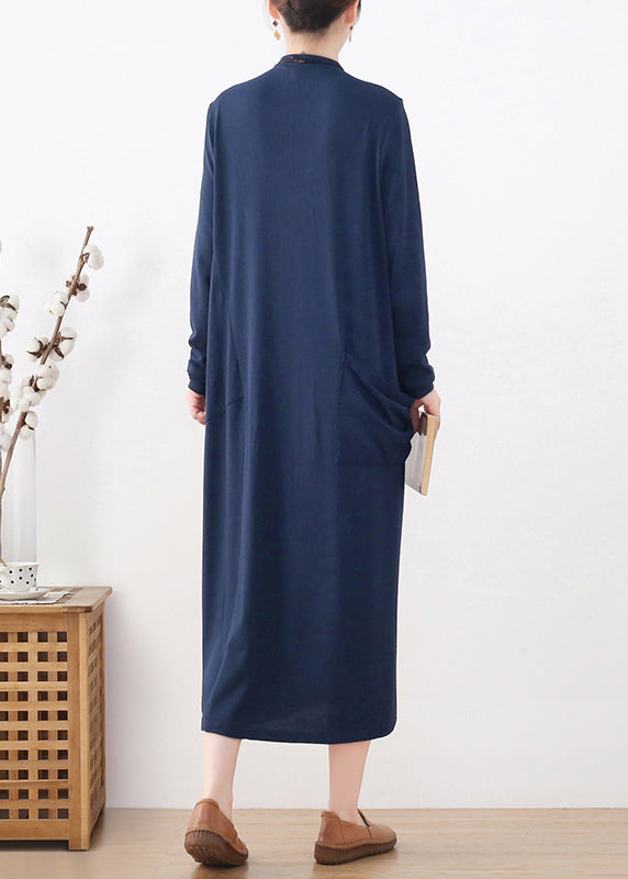 Blue Turtleneck Button Pockets Cotton Knit Dress Long Sleeve