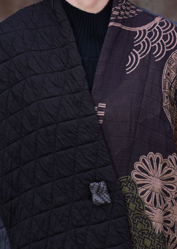 Handmade Chocolate Black Asymmetrical Patchwork Fine Cotton Filled Witner Coats