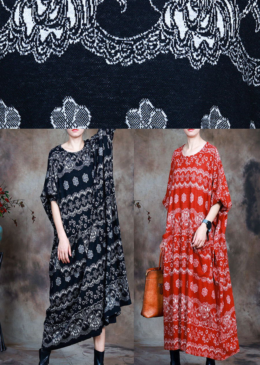 Natural Red Knit O-neck Pockets Fall Dress