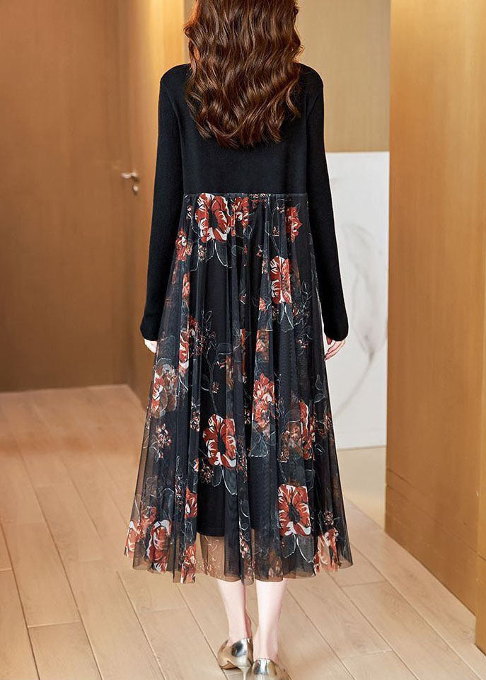 Black Stand Collar Patchwork Tulle Knit Long Dress Spring