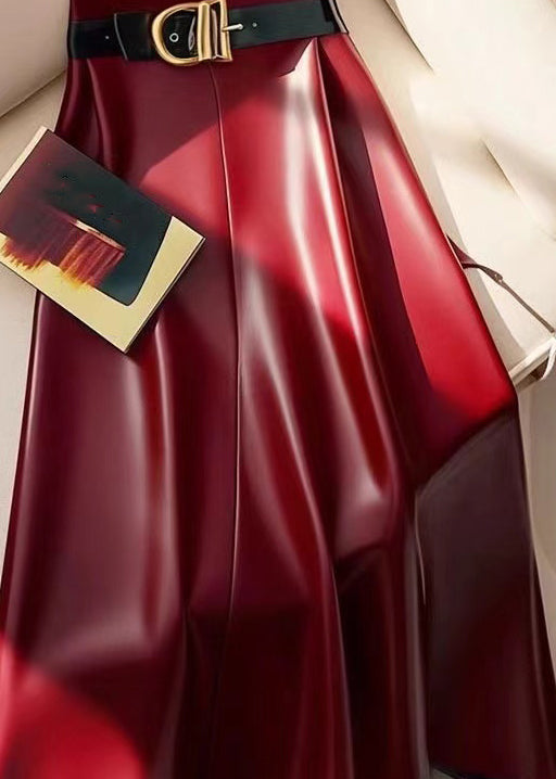 Stylish Red Sashes High Waist Faux Leather Skirts Spring