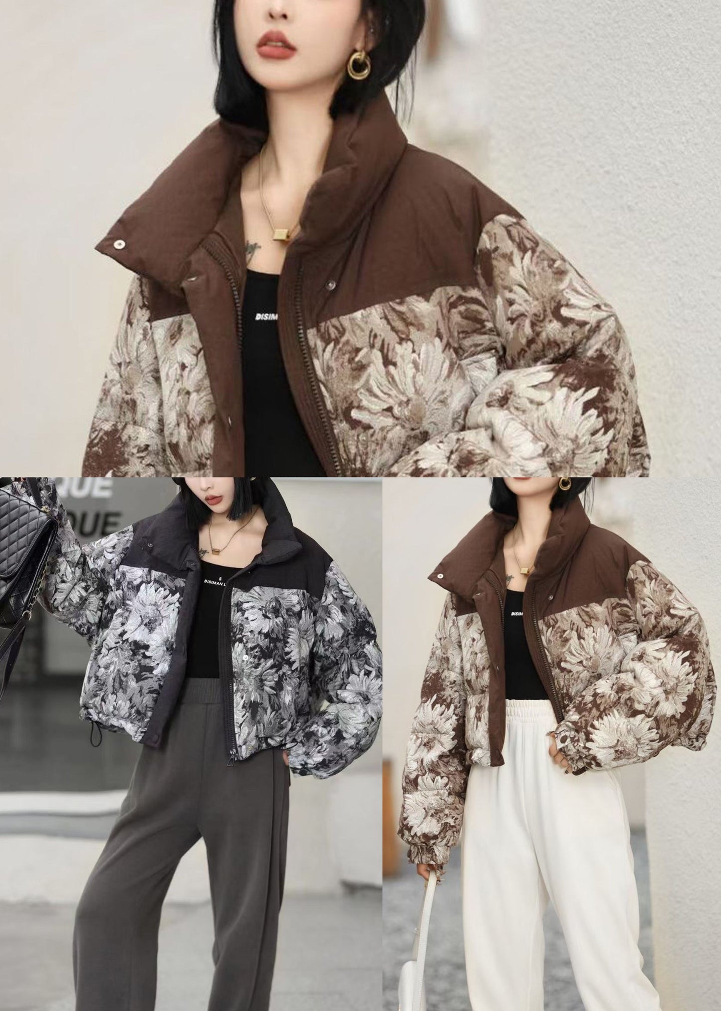 Black Oversized Print Duck Down Puffer Jacket Winter