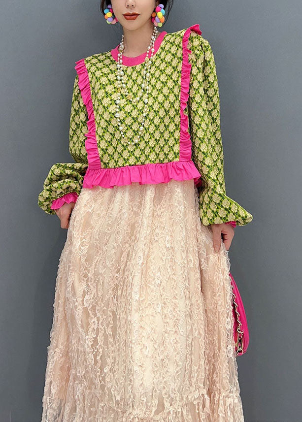 Art Green O-neck Ruffled Patchwork Tulle Maxi Dresses Fall