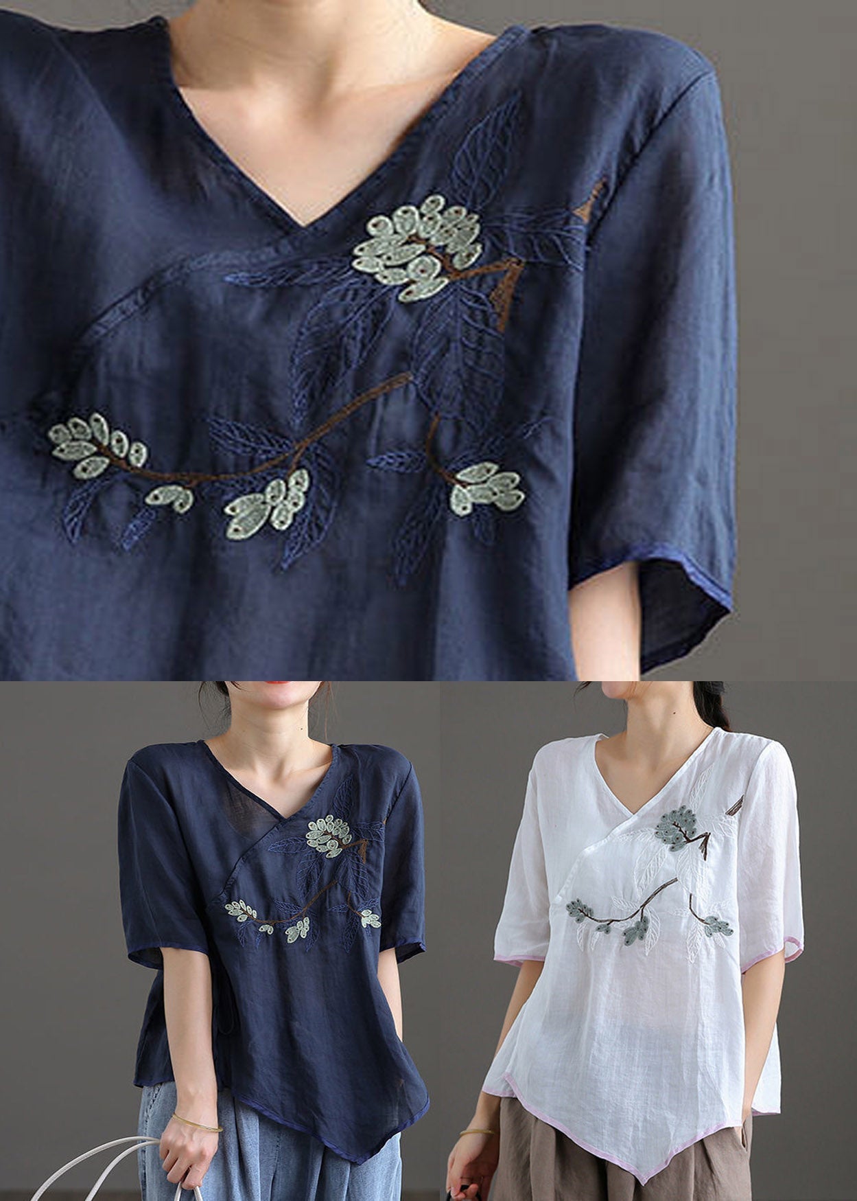 Fine White V Neck Embroideried Linen Top Short Sleeve