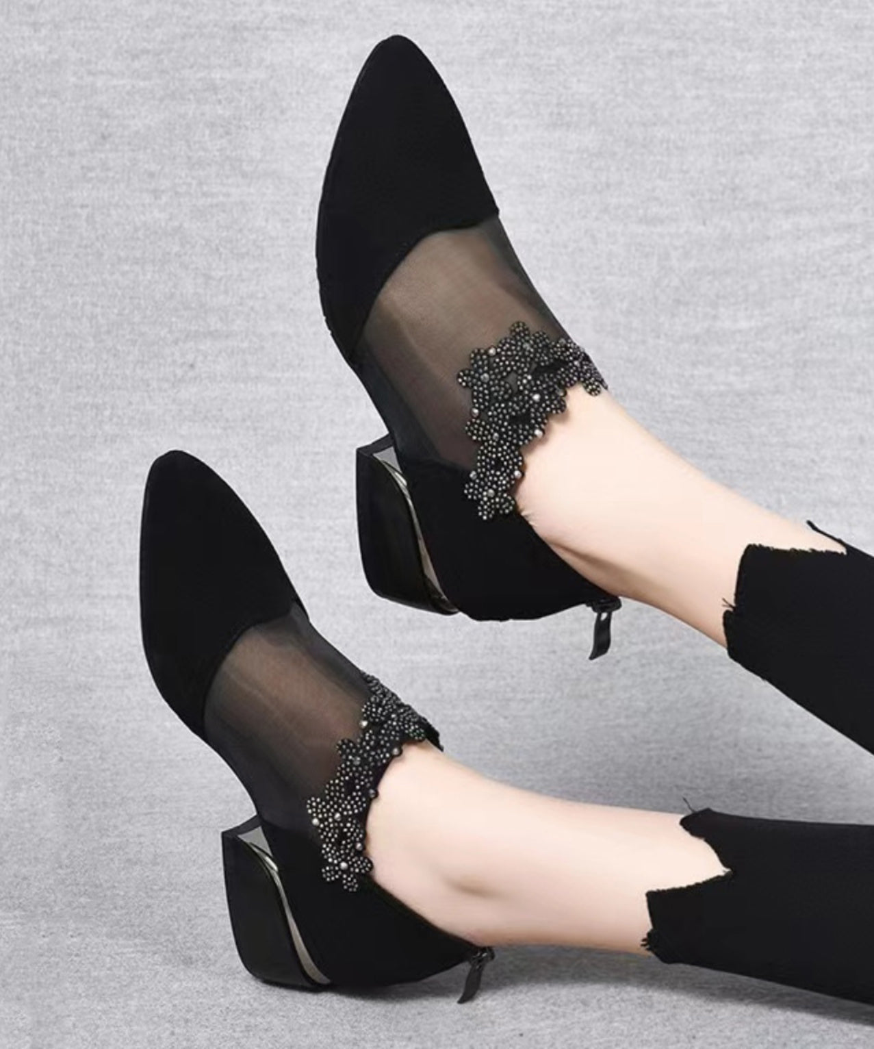 Black Suede Tulle Splicing Zircon High Heels Boots