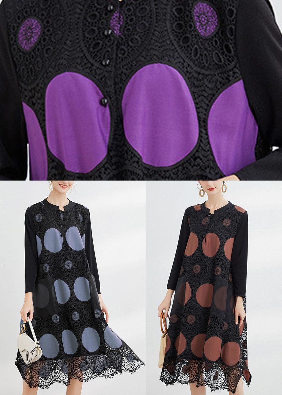 Chocolate Embroideried Pockets Lace Dress Spring