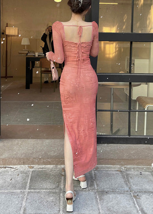 Pink Square Collar Side Open Cotton Long Dress Spring