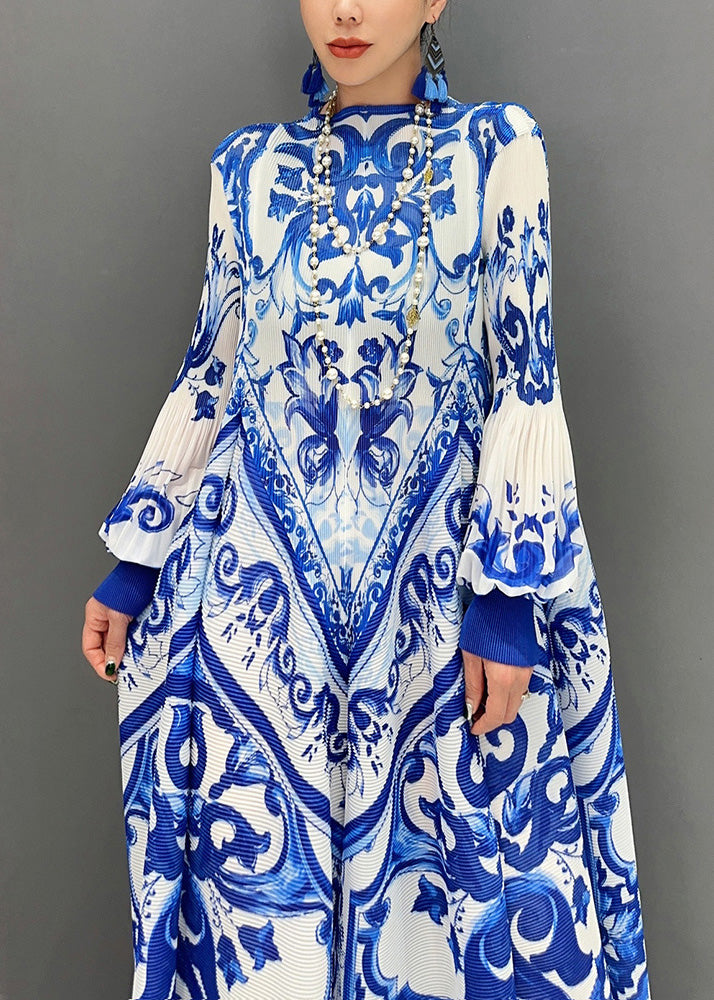 Fall New Blue and White Porcelain Print Chiffon Pleated Long Dress