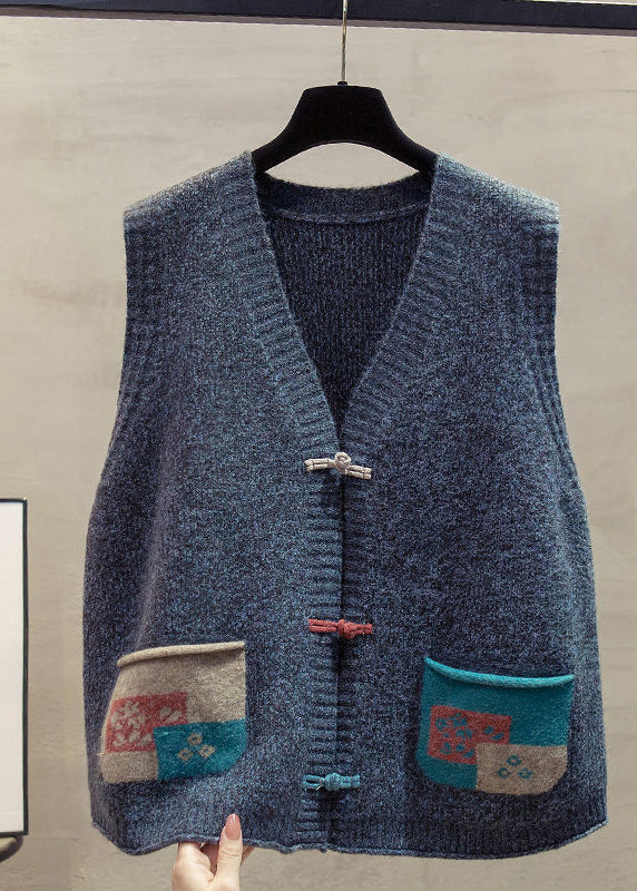 Art Dark Blue Chinese Button Patchwork Pockets Knitted Vests Spring