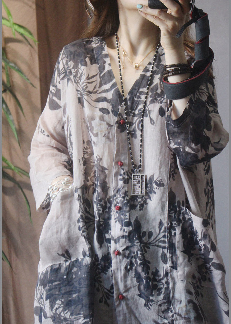 Art Grey V Neck Button Side Open Pockets Print Linen Shirt Top Summer