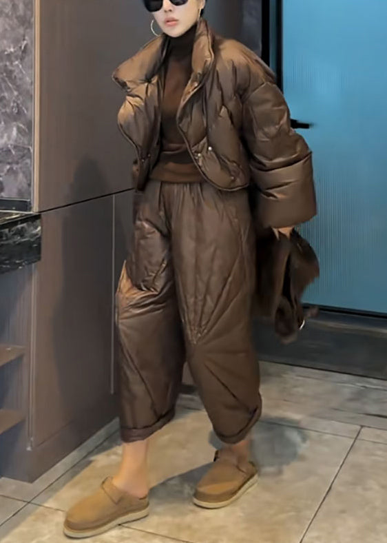 Coffee Button Coat and Crop Pants Cotton Filled Two Pieces Set Spring