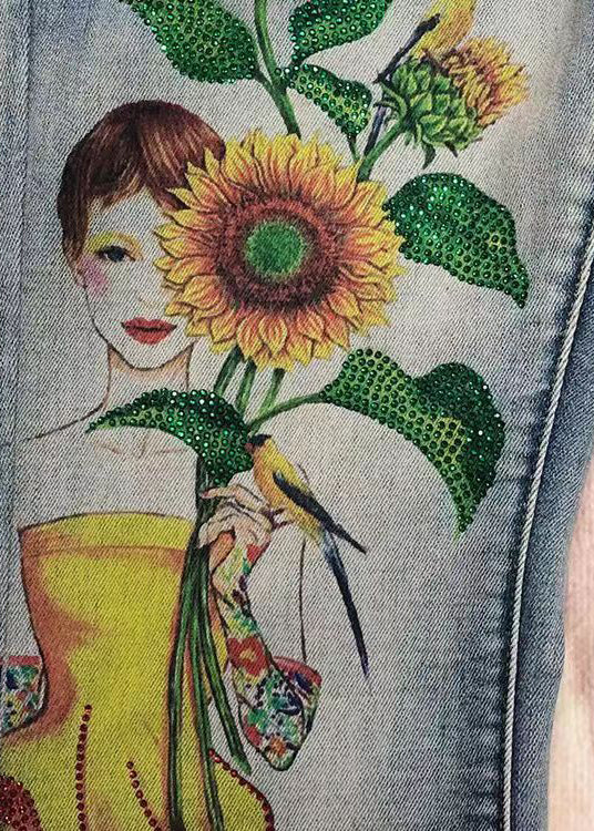 Blue Tasseled Pockets Print Denim Flare Bottoms Spring