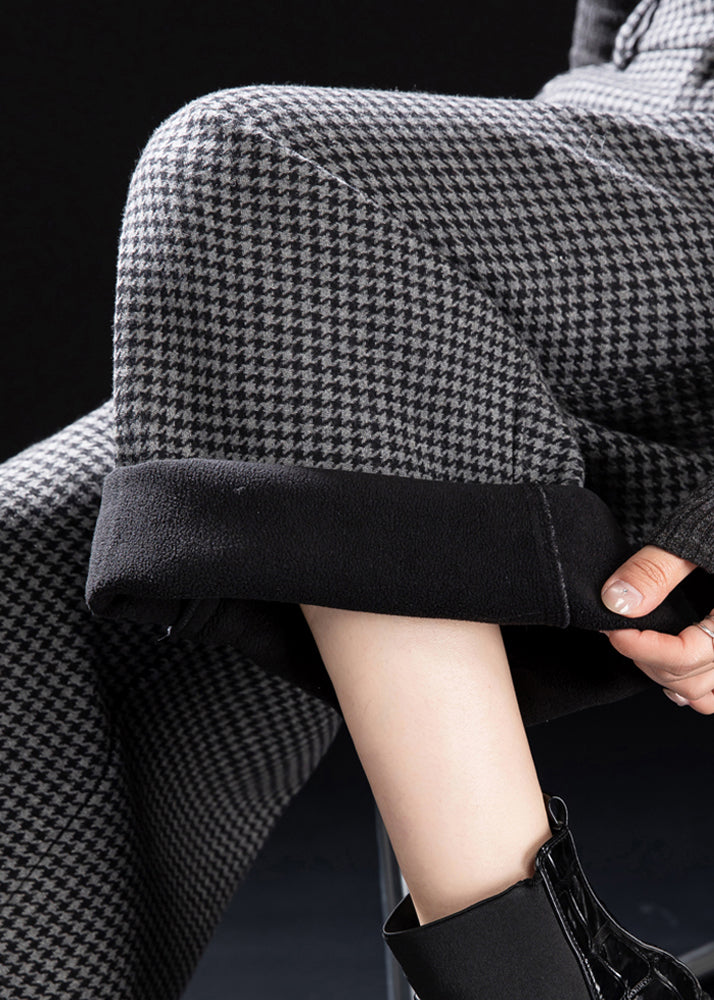 Fitted Grey Plaid Warm Fleece Wide Leg Pants Spring