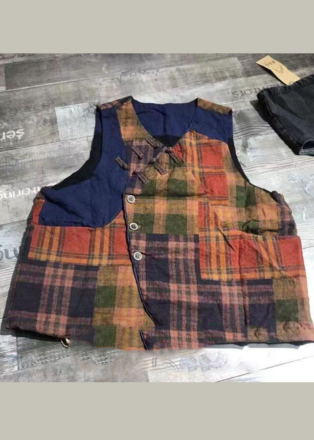 Red Button Plaid Patchwork Linen Vest Spring