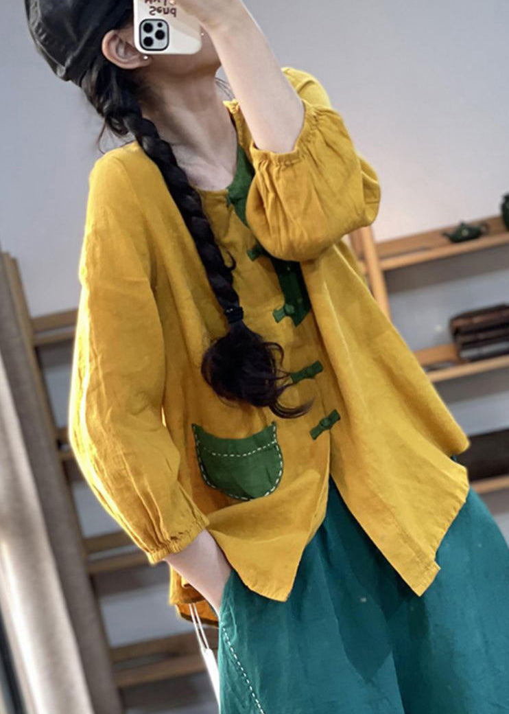 Yellow V Neck Button Patchwork Cotton Shirt Bracelet Sleeve