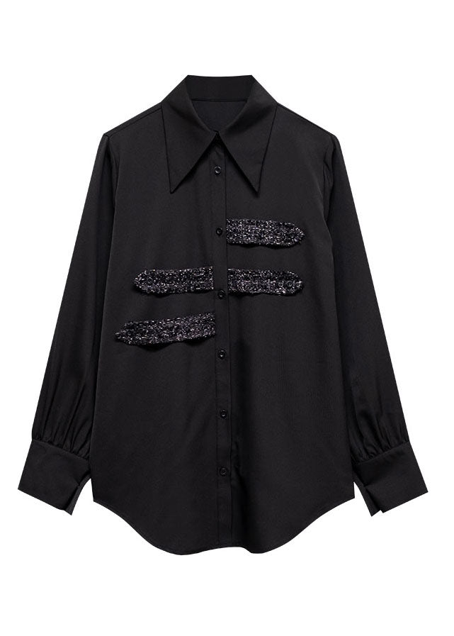Black Peter Pan Collar Button Sequins Cotton Shirt Tops Long Sleeve