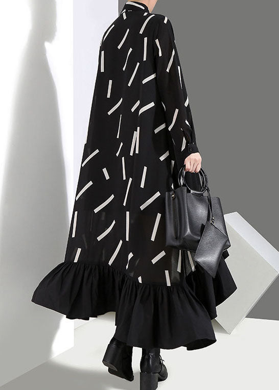Organic Black Low High Design Peter Pan Collar Ruffles Print Shirt Dresses Spring