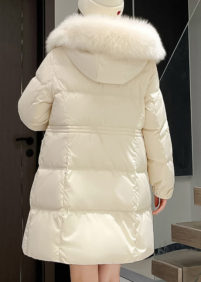 Khaki Fur Collar Hooded Drawstring Duck Down Coats Winter