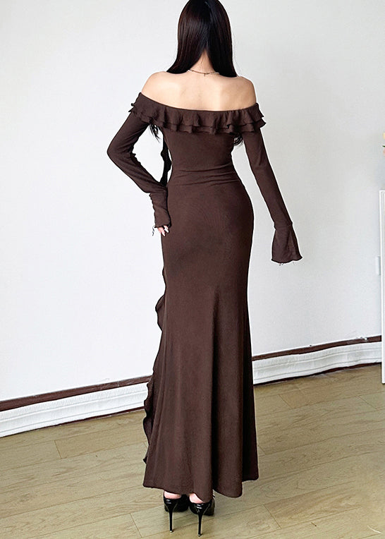 Silm Fit Brown Slash Neck Side Open Knit Party Dresses Spring