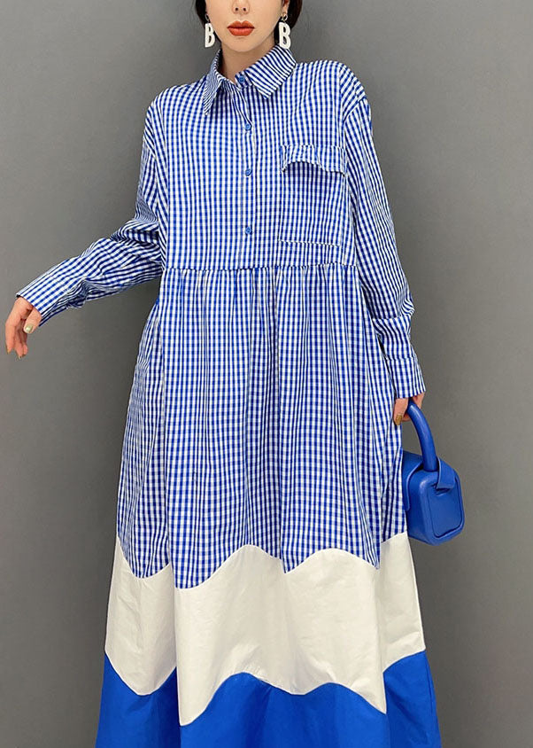 Blue Peter Pan Collar Patchwork Plaid Cotton Shirt Dresses Spring
