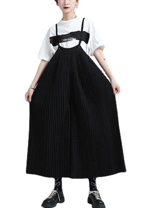 Black High Waist Wrinkled Wide Leg Summer Jumpsuit