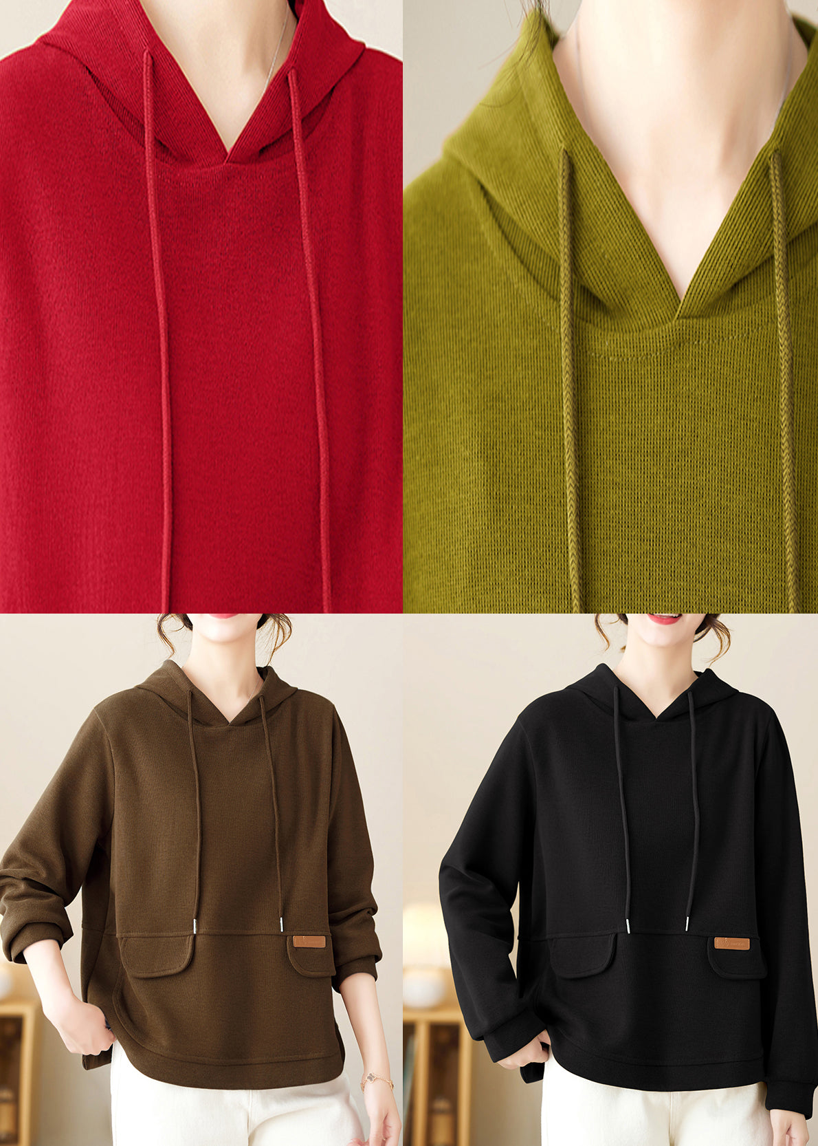Red Patchwork Cotton Pullover Hooded Fall